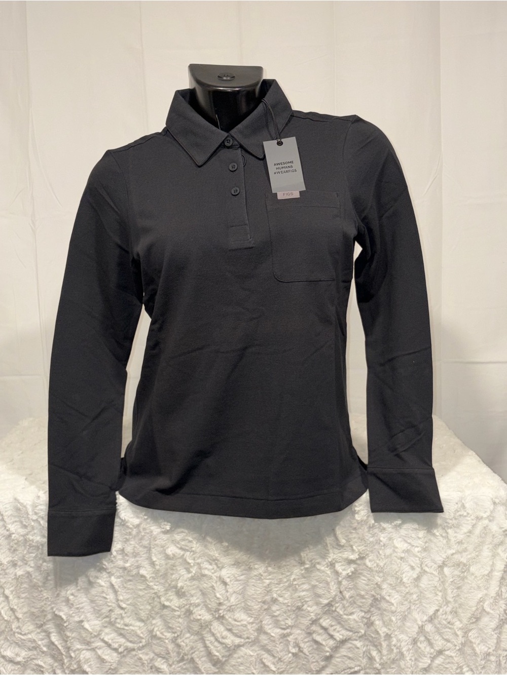 Figs Medical Nurse Womens Black Long Sleeve Technical Pique Scrub Polo Shirt MED